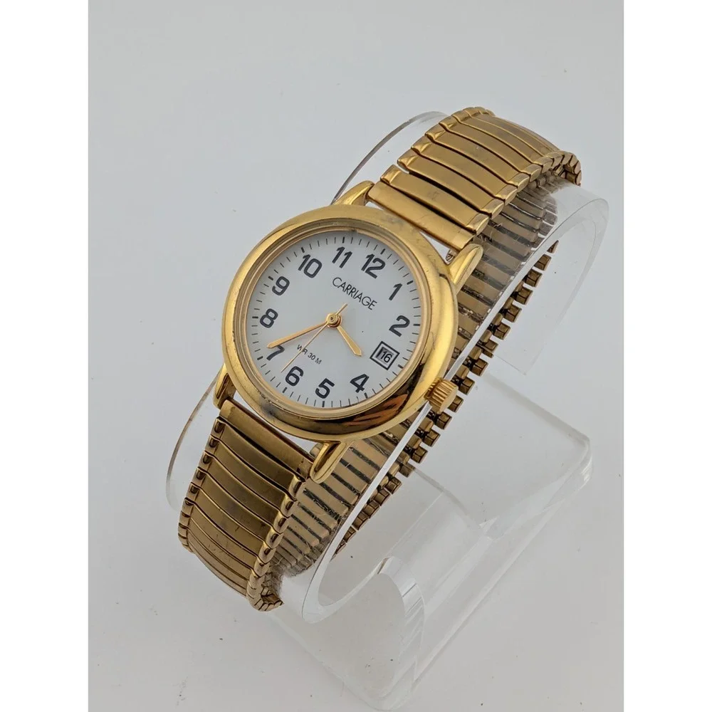 Carriage Timex Watch Women‎ 28mm Case Gold Stretch Band Date- New Battery
